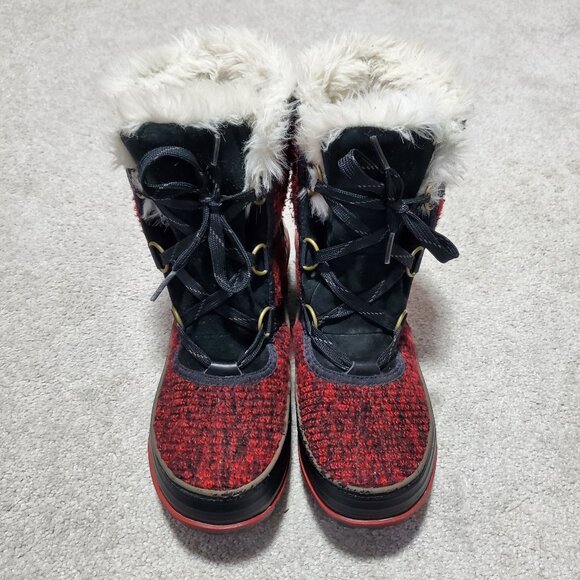 SOREL Tivoli 2 II Ribbed Knit Waterproof Snow Winter Boots Black Red Women's 7.5 - Picture 2 of 13